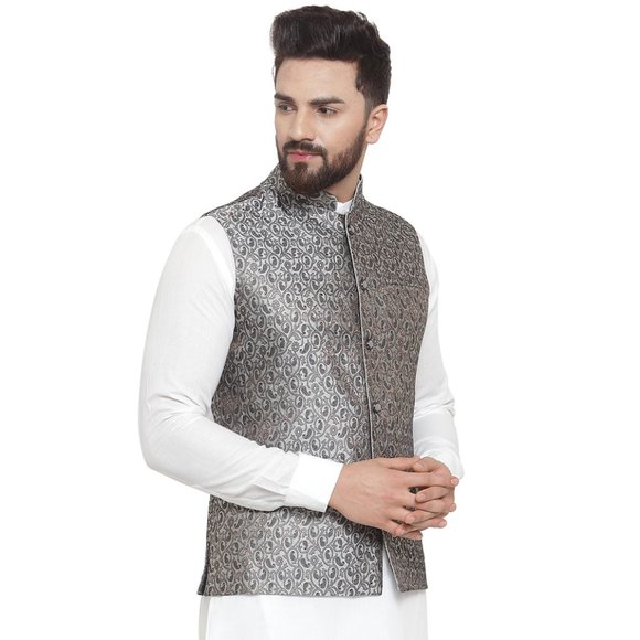 Sleeveless Traditional Brocade Silk Fabric Grey Black Nehru Jacket by Treemoda - Picture 2 of 5